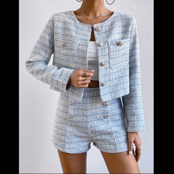 no brand Jackets & Blazers - Cropped Tweed Jacket & High-Waist Shorts in Sky Blue, Size S